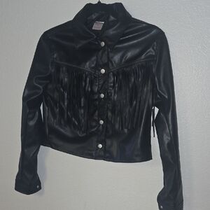 NOBO Sleek Black Leather Jacket with Fringe